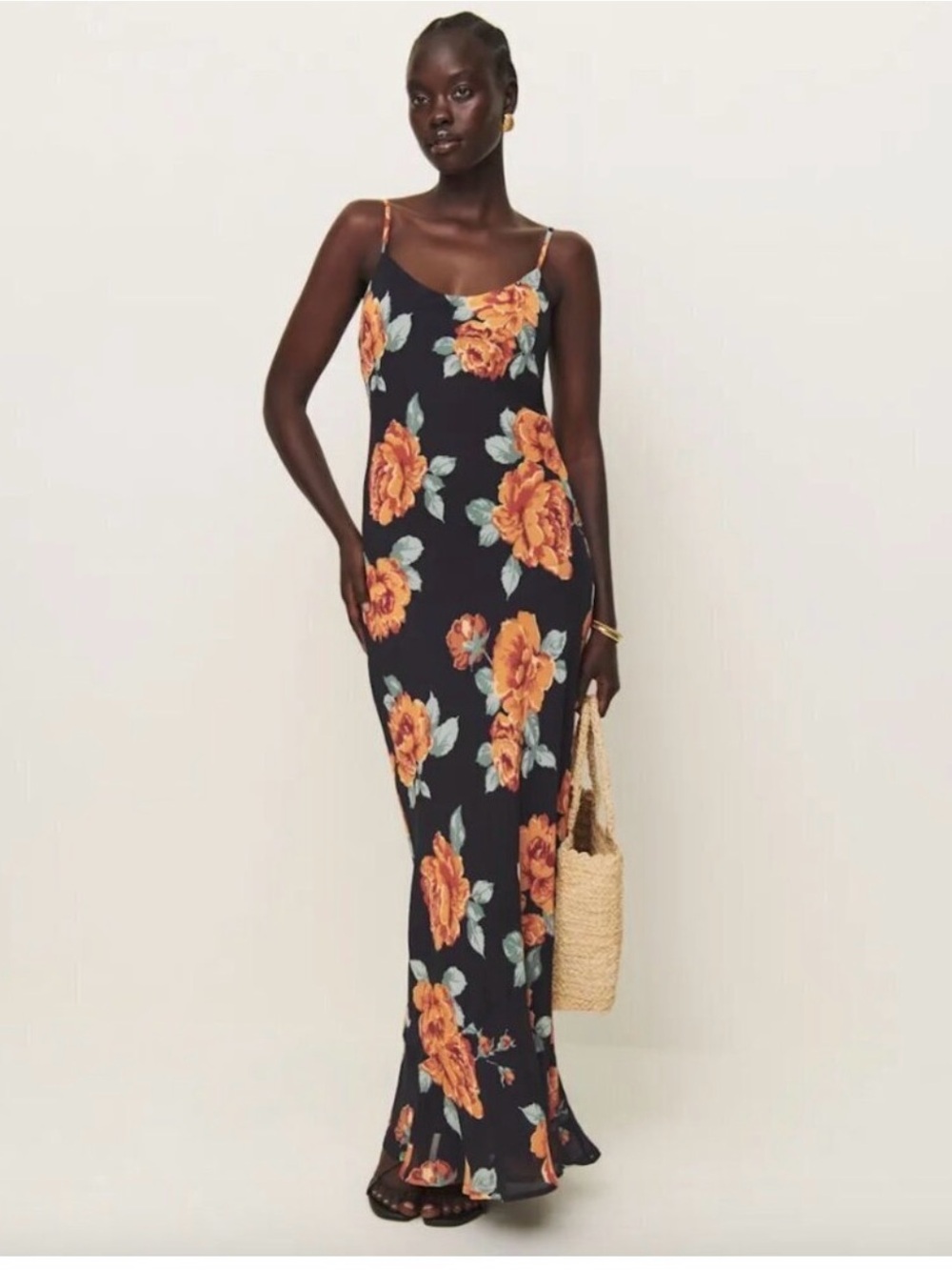 Reformation Parma Consuelo  Black and orange floral dresses